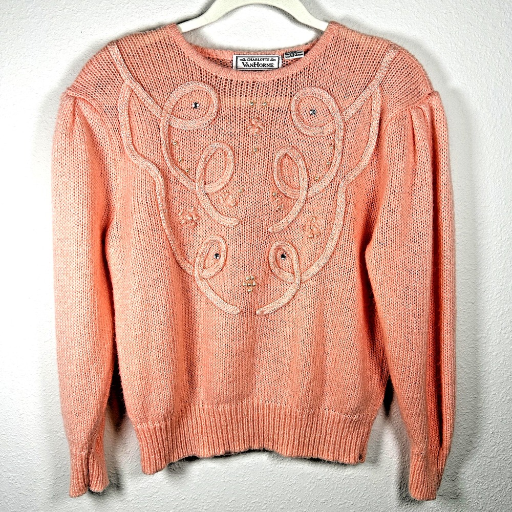 VTG Charlotte Van Horne Peach Appliqué & Rhinestone Grandma Sweater‎ Size M